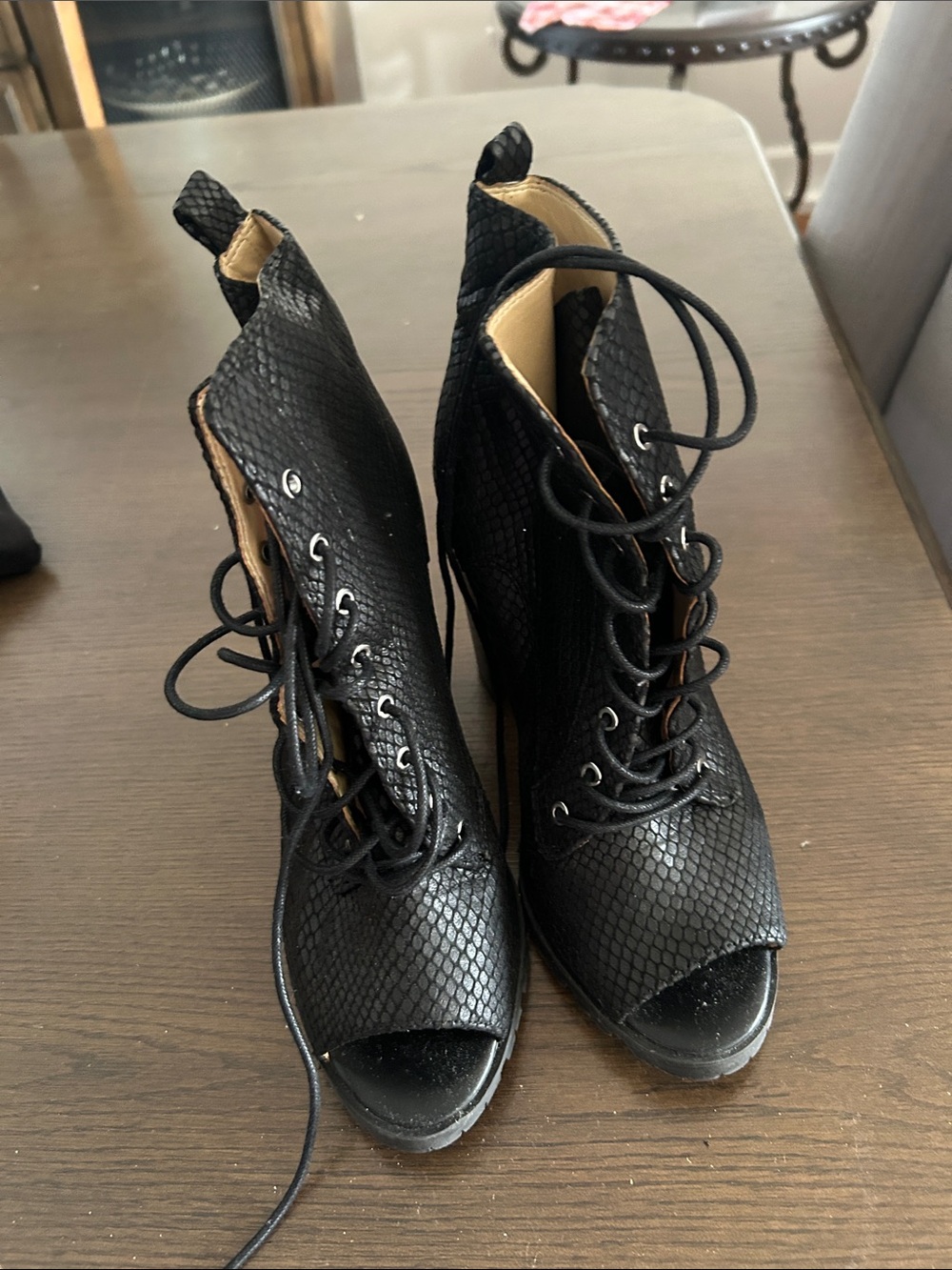 Katy Perry Collections Black Lace-Up Peep Toe Ankle Boots